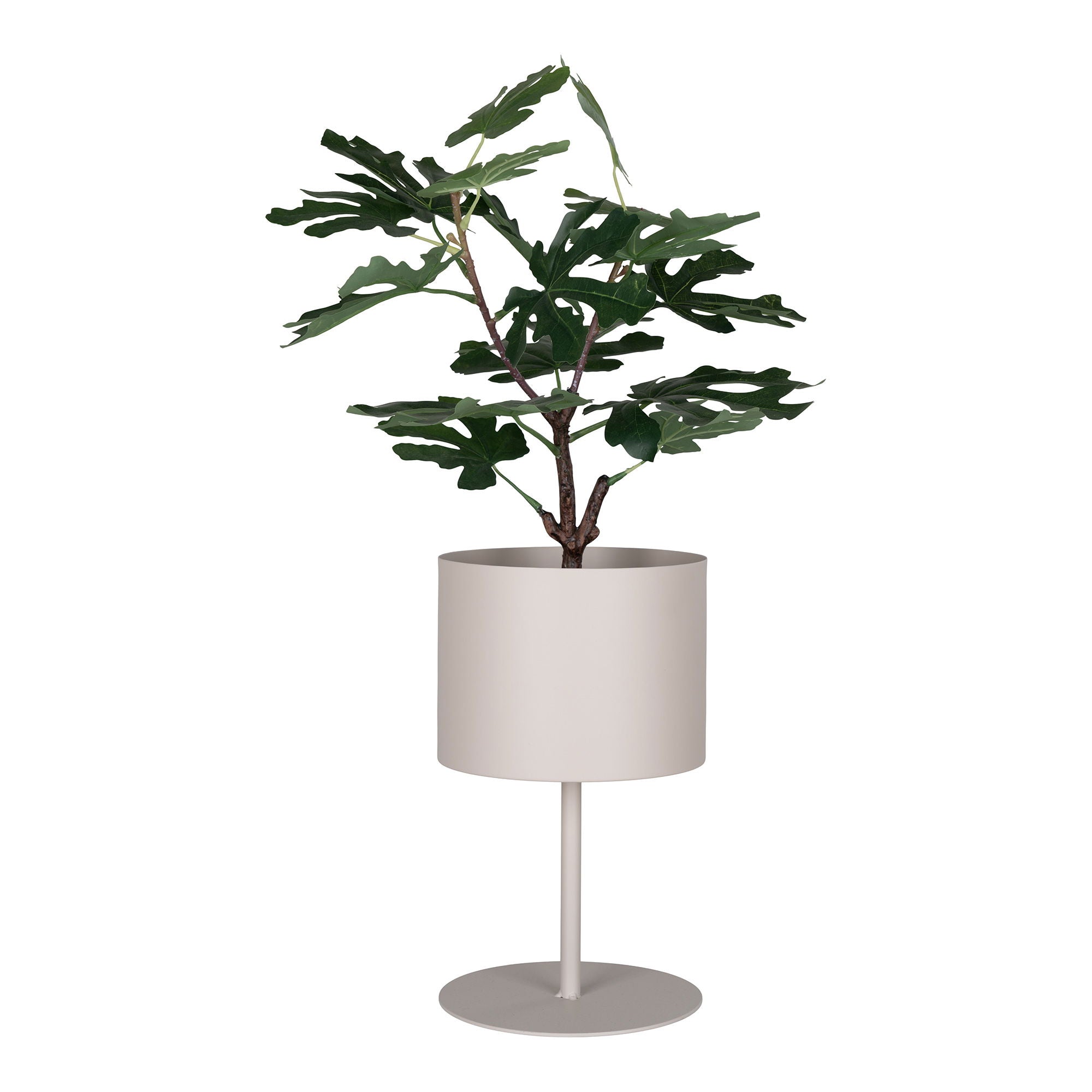 Beige stalen bloempot Ø21,5 cm op slank onderstel met glanzende groene plant, matte zandkleur voor een rustige sfeer